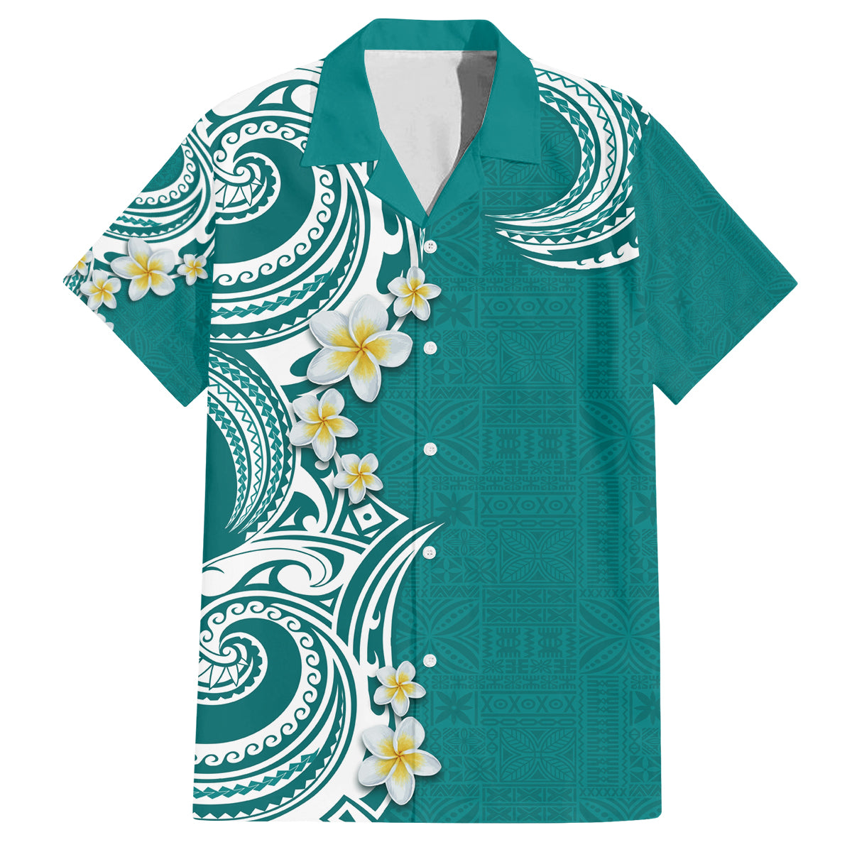 Aloha Polynesian Plumeria Flower Family Matching Puletasi and Hawaiian Shirt Teal Color