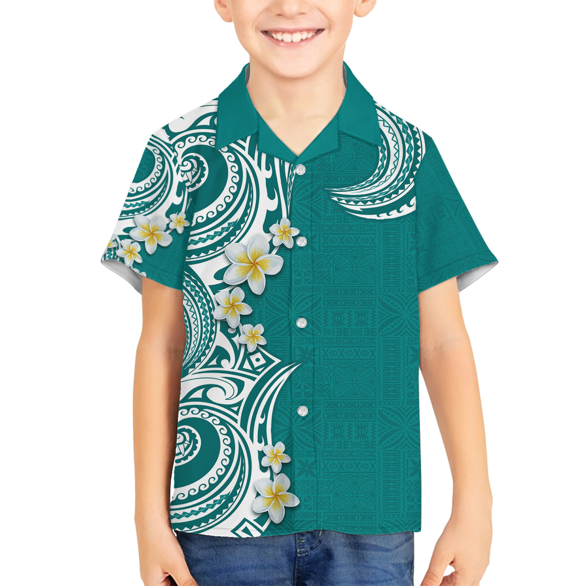 Aloha Polynesian Plumeria Flower Family Matching Puletasi and Hawaiian Shirt Teal Color