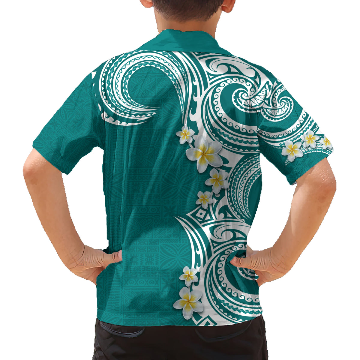 Aloha Polynesian Plumeria Flower Family Matching Short Sleeve Bodycon Dress and Hawaiian Shirt Teal Color LT03 - Polynesian Pride
