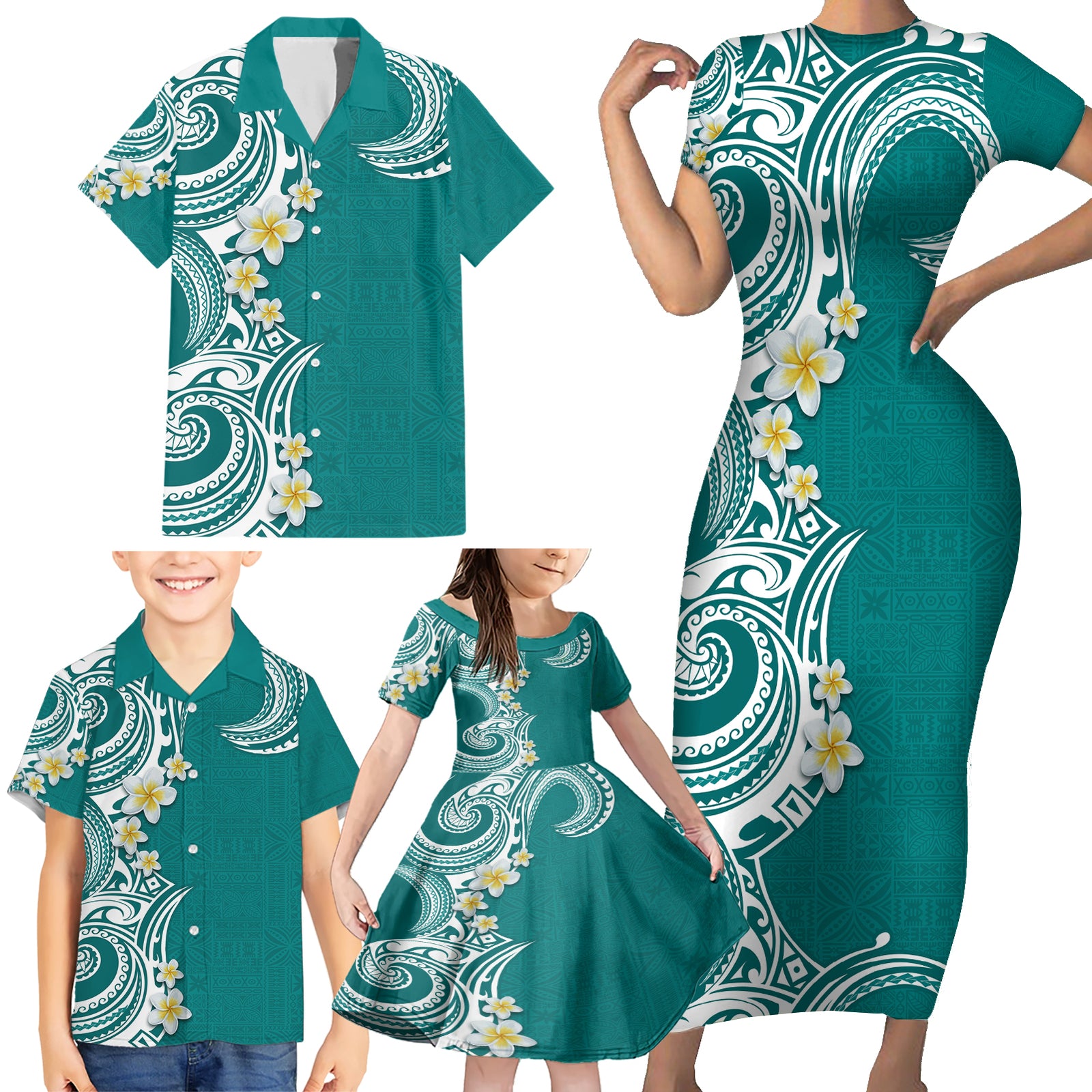 Aloha Polynesian Plumeria Flower Family Matching Short Sleeve Bodycon Dress and Hawaiian Shirt Teal Color LT03 - Polynesian Pride