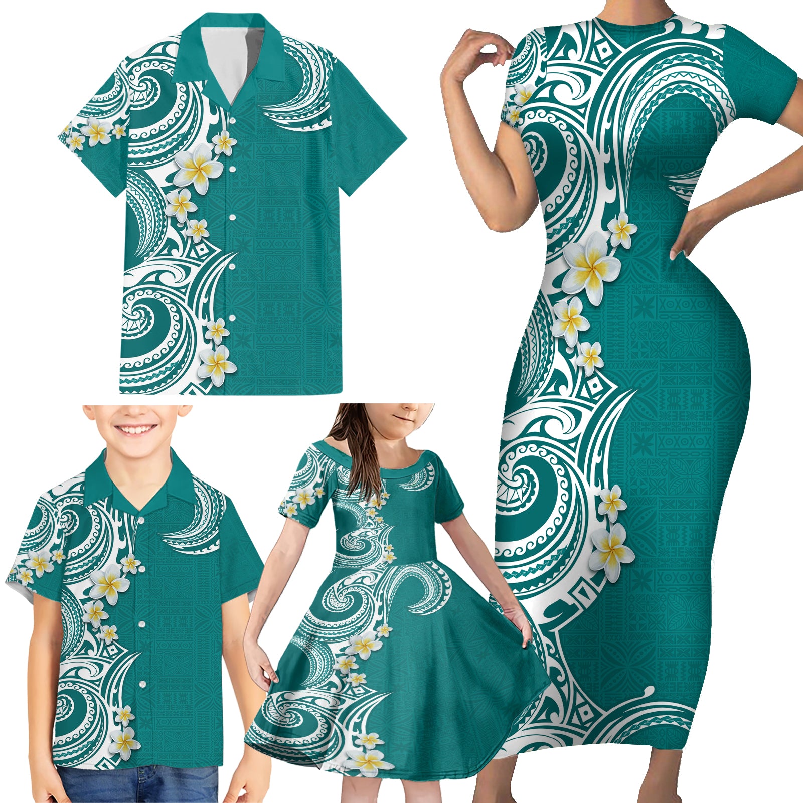 Aloha Polynesian Plumeria Flower Family Matching Short Sleeve Bodycon Dress and Hawaiian Shirt Teal Color