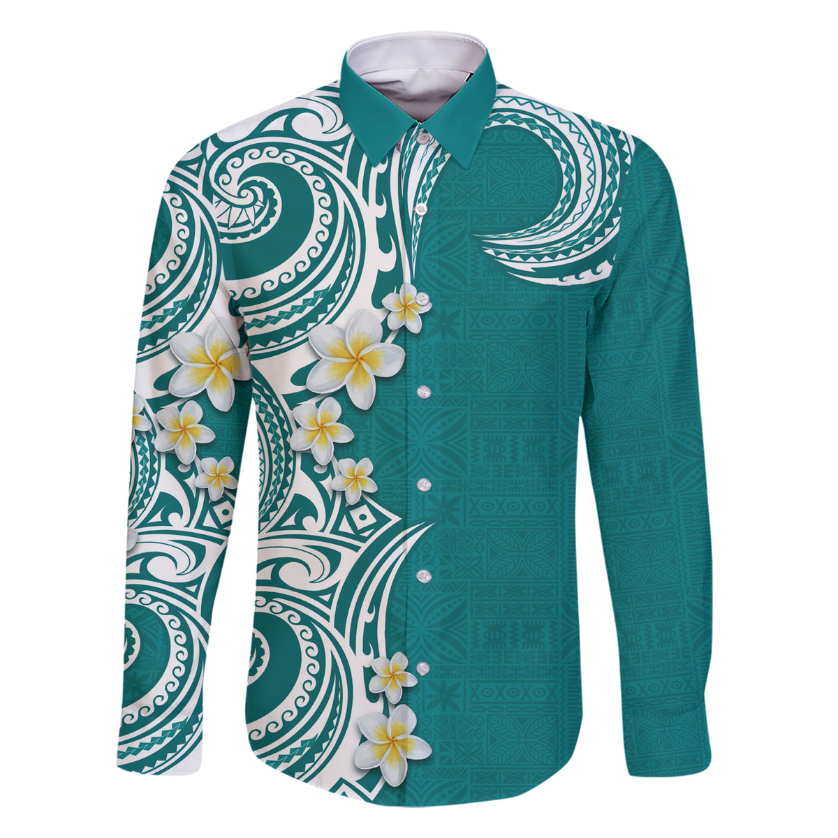 Aloha Polynesian Plumeria Flower Family Matching Short Sleeve Bodycon Dress and Hawaiian Shirt Teal Color LT03 Dad's Shirt - Long Sleeve Teal - Polynesian Pride