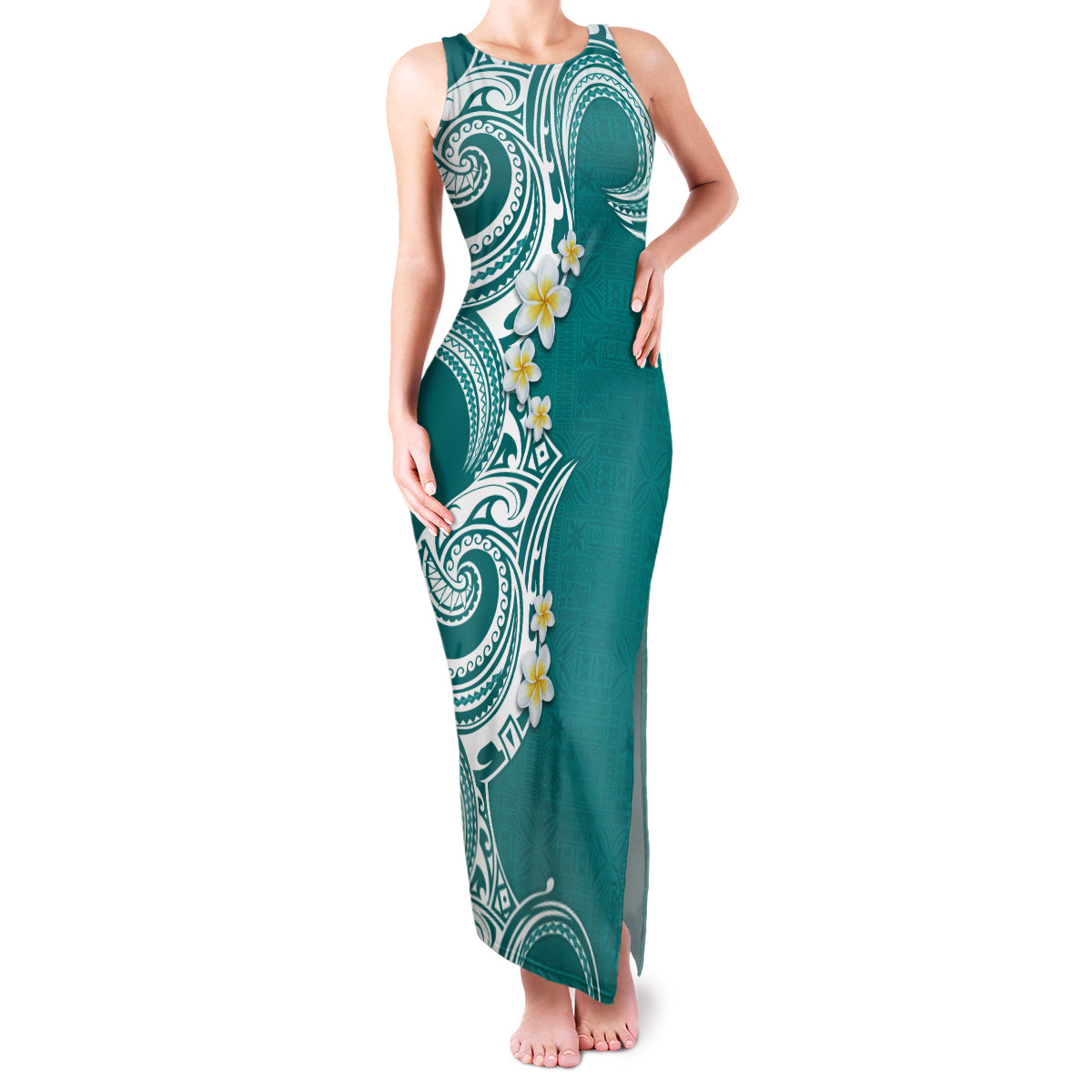 Aloha Polynesian Plumeria Flower Family Matching Tank Maxi Dress and Hawaiian Shirt Teal Color