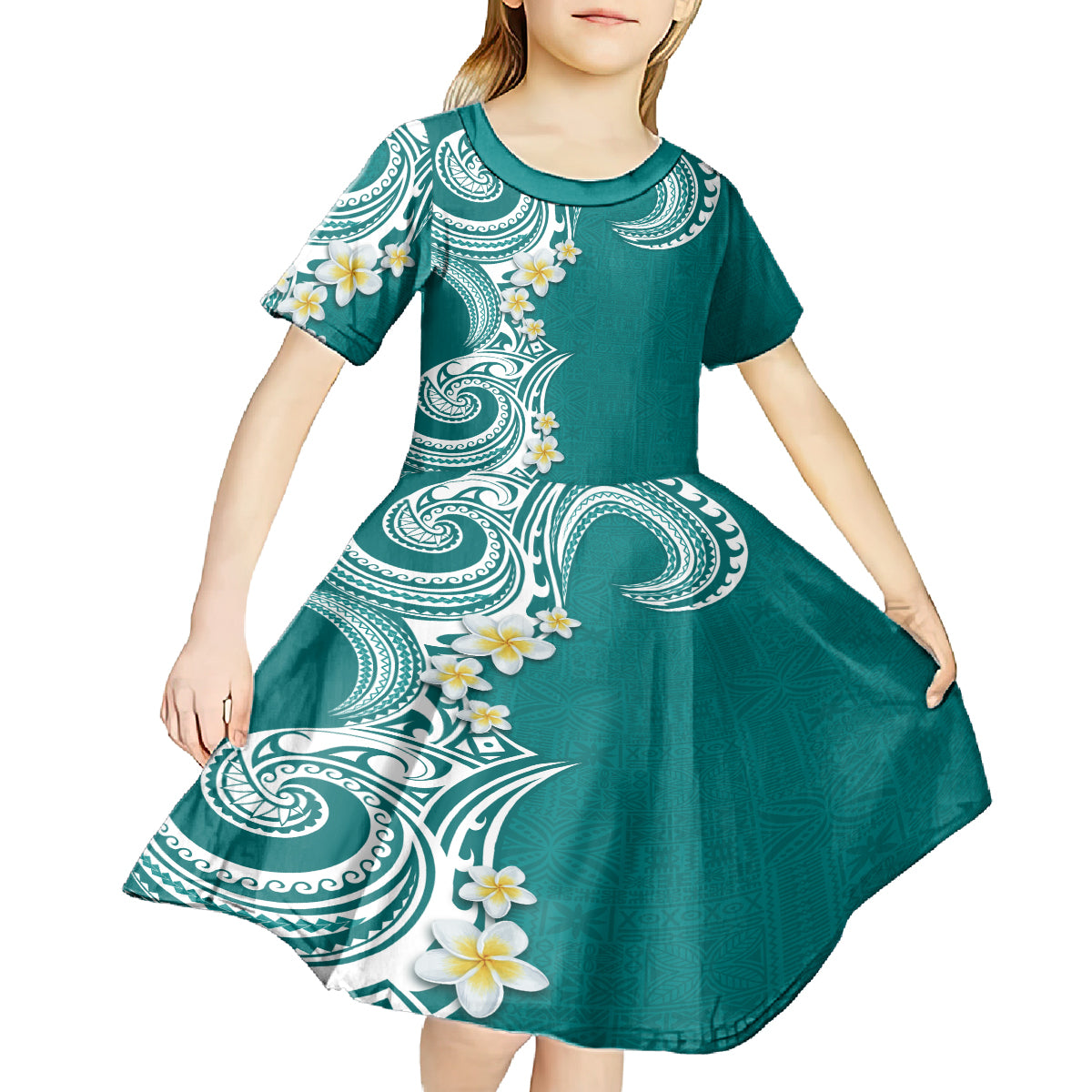 Aloha Polynesian Plumeria Flower Kid Short Sleeve Dress Teal Color LT03 - Polynesian Pride