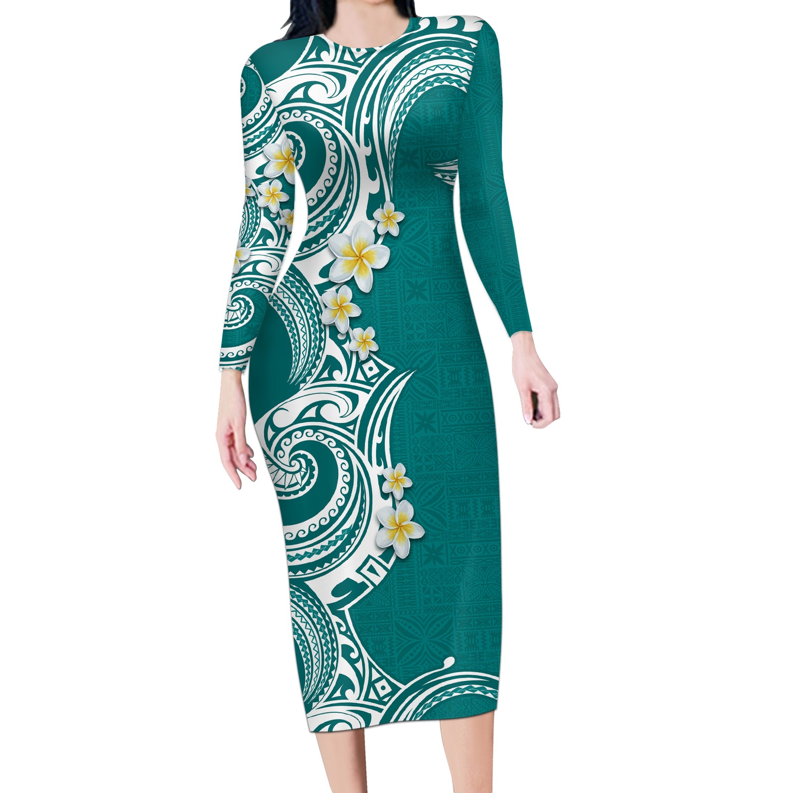 Aloha Polynesian Plumeria Flower Long Sleeve Bodycon Dress Teal Color LT03 Long Dress Teal - Polynesian Pride
