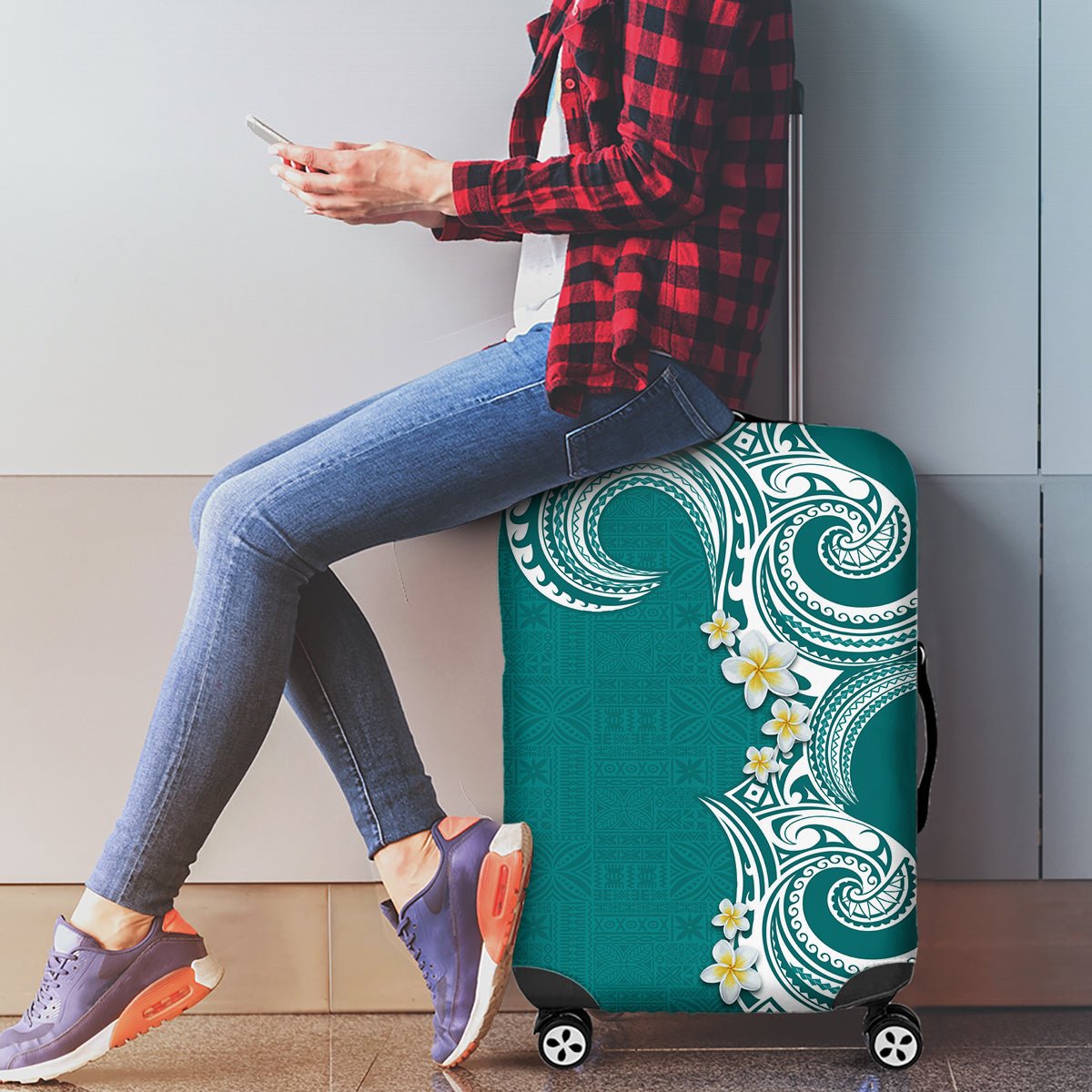 Aloha Polynesian Plumeria Flower Luggage Cover Teal Color LT03 - Polynesian Pride