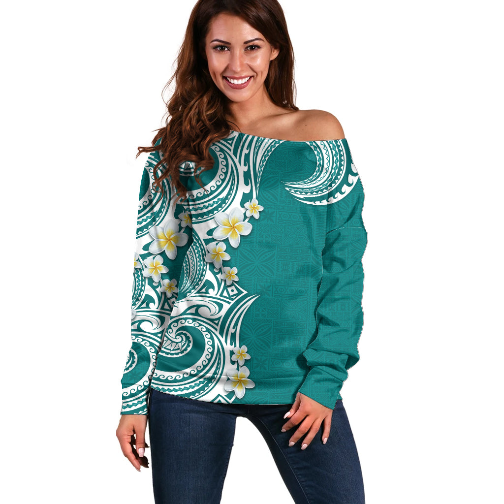 Aloha Polynesian Plumeria Flower Off Shoulder Sweater Teal Color LT03 Women Teal - Polynesian Pride