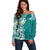 Aloha Polynesian Plumeria Flower Off Shoulder Sweater Teal Color