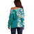 Aloha Polynesian Plumeria Flower Off Shoulder Sweater Teal Color