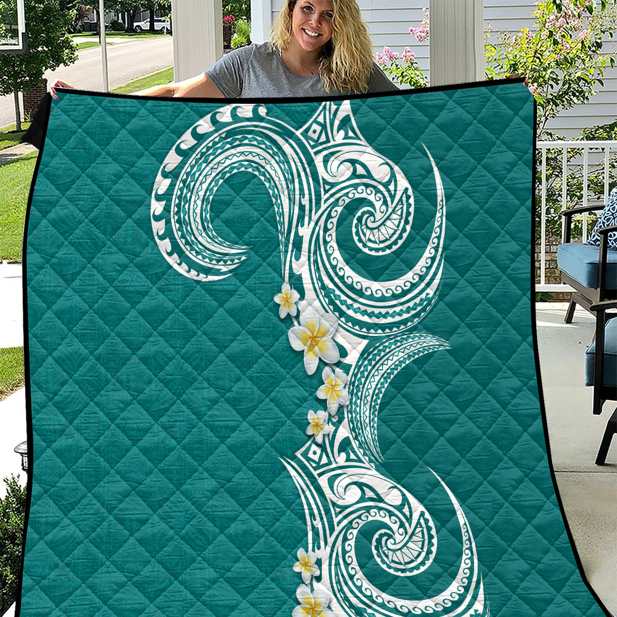 Aloha Polynesian Plumeria Flower Quilt Teal Color LT03 Teal - Polynesian Pride