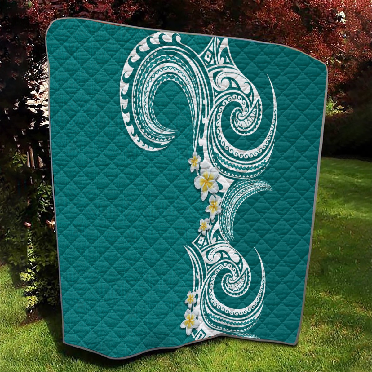 Aloha Polynesian Plumeria Flower Quilt Teal Color