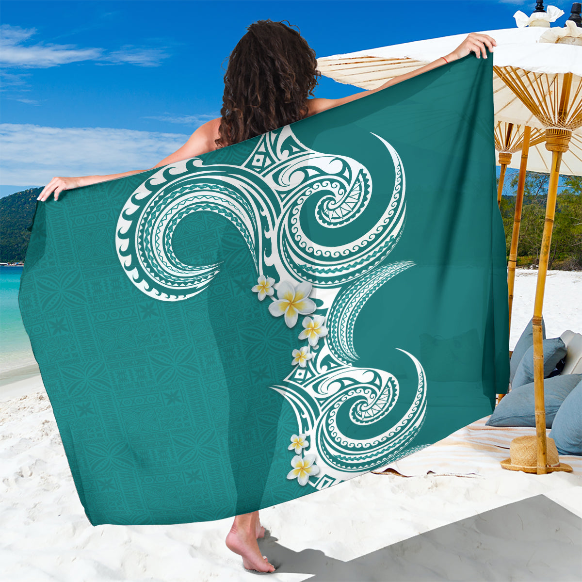 Aloha Polynesian Plumeria Flower Sarong Teal Color