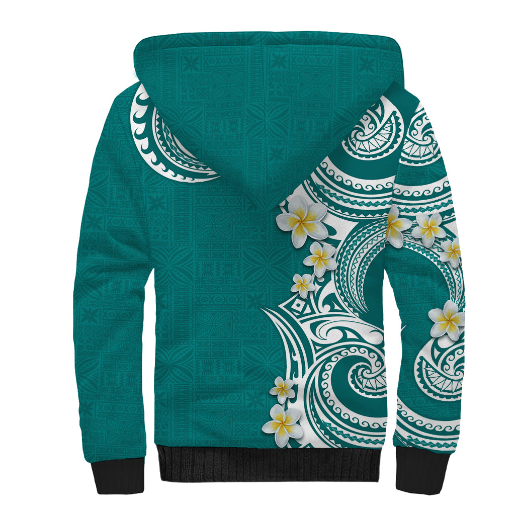 Aloha Polynesian Plumeria Flower Sherpa Hoodie Teal Color