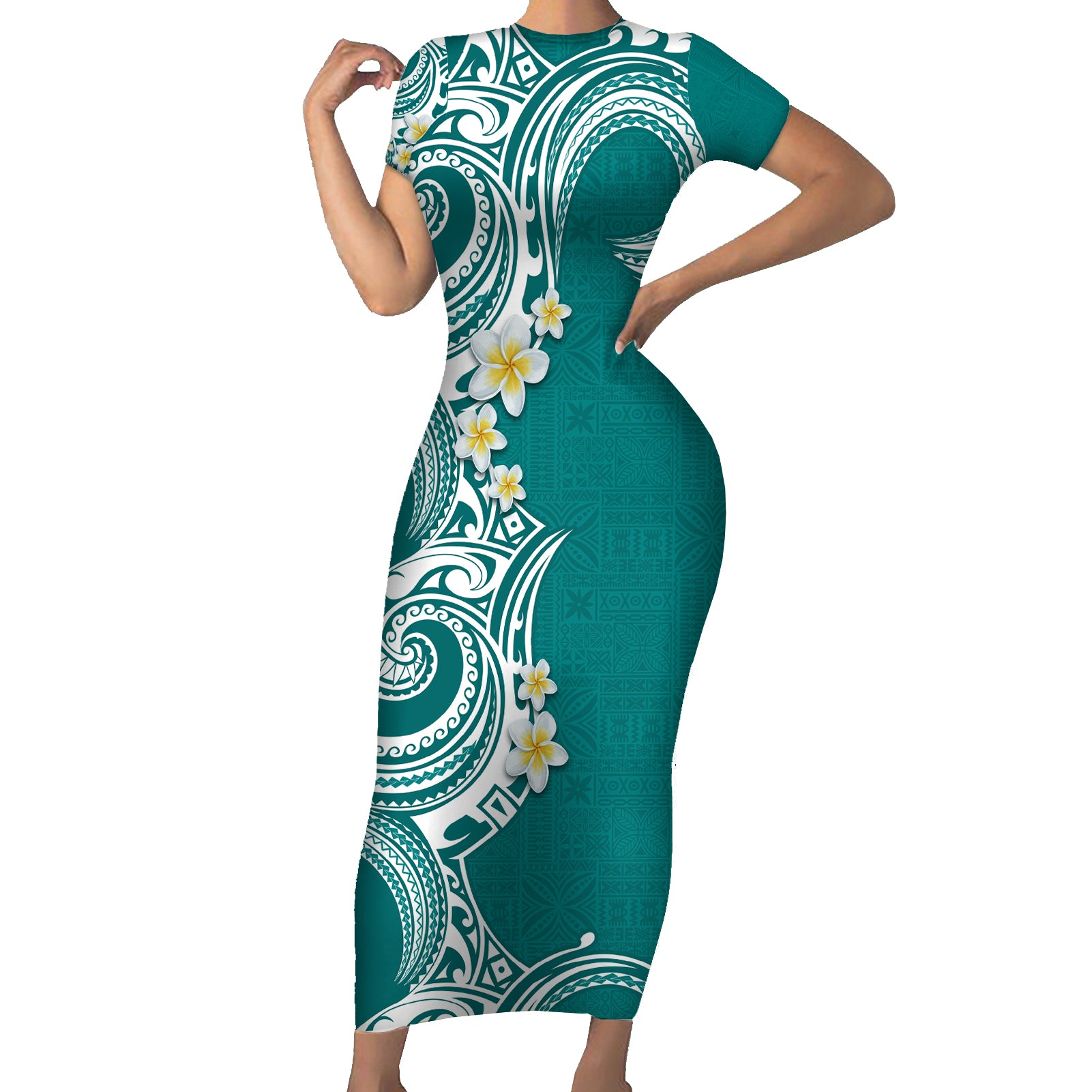 Aloha Polynesian Plumeria Flower Short Sleeve Bodycon Dress Teal Color