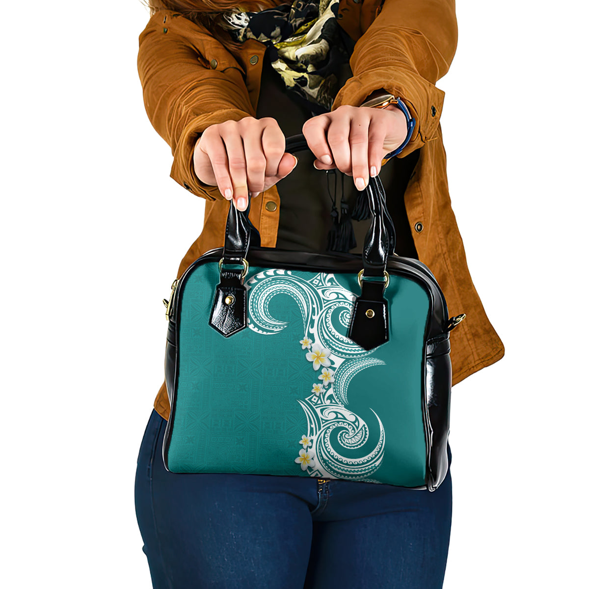 Aloha Polynesian Plumeria Flower Shoulder Handbag Teal Color