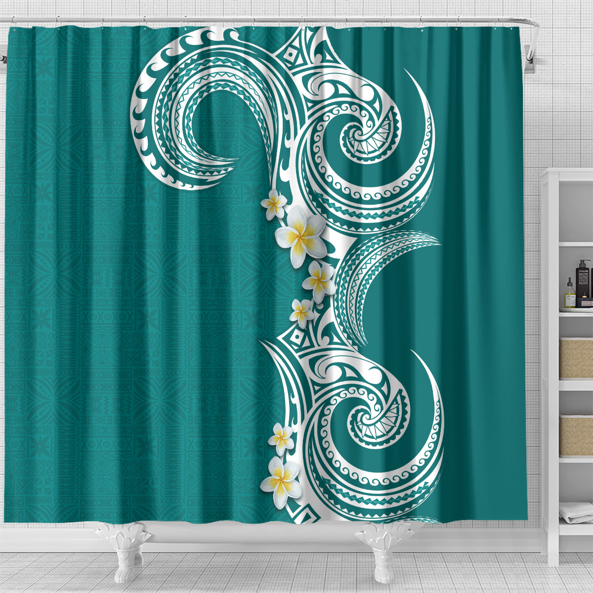 Aloha Polynesian Plumeria Flower Shower Curtain Teal Color