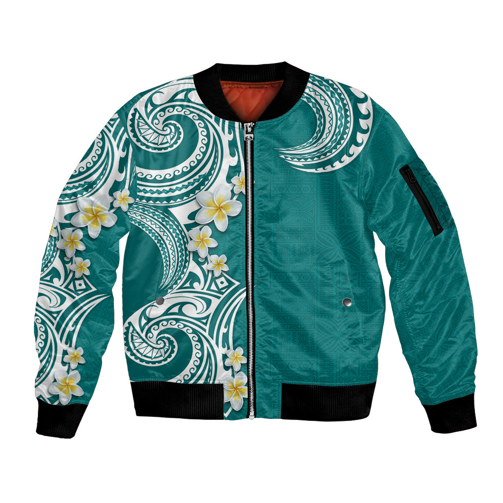Aloha Polynesian Plumeria Flower Sleeve Zip Bomber Jacket Teal Color LT03 Unisex Teal - Polynesian Pride