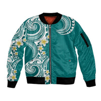 Aloha Polynesian Plumeria Flower Sleeve Zip Bomber Jacket Teal Color LT03 Unisex Teal - Polynesian Pride