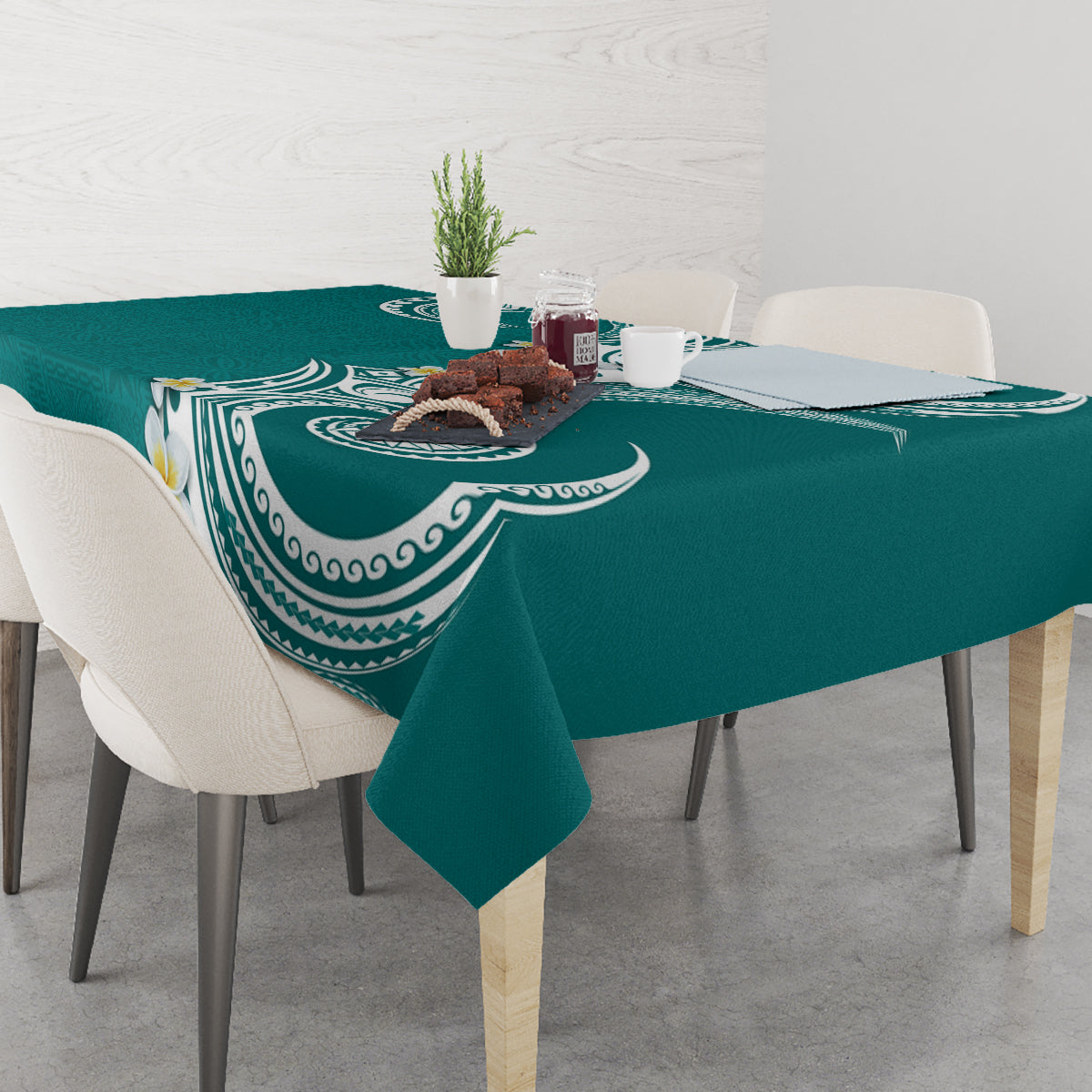 Aloha Polynesian Plumeria Flower Tablecloth Teal Color