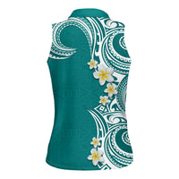 Aloha Polynesian Plumeria Flower Women Sleeveless Polo Shirt Teal Color