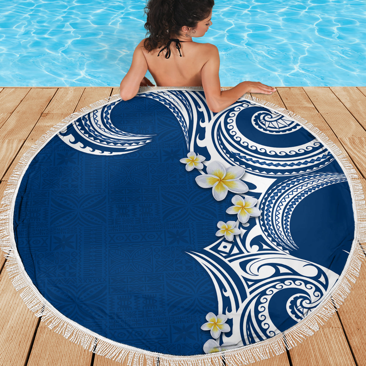 Aloha Polynesian Plumeria Flower Beach Blanket Blue Color