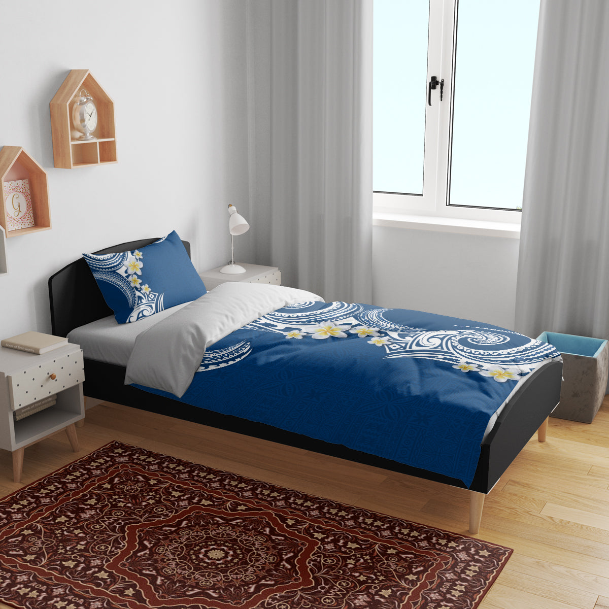 Aloha Polynesian Plumeria Flower Bedding Set Blue Color