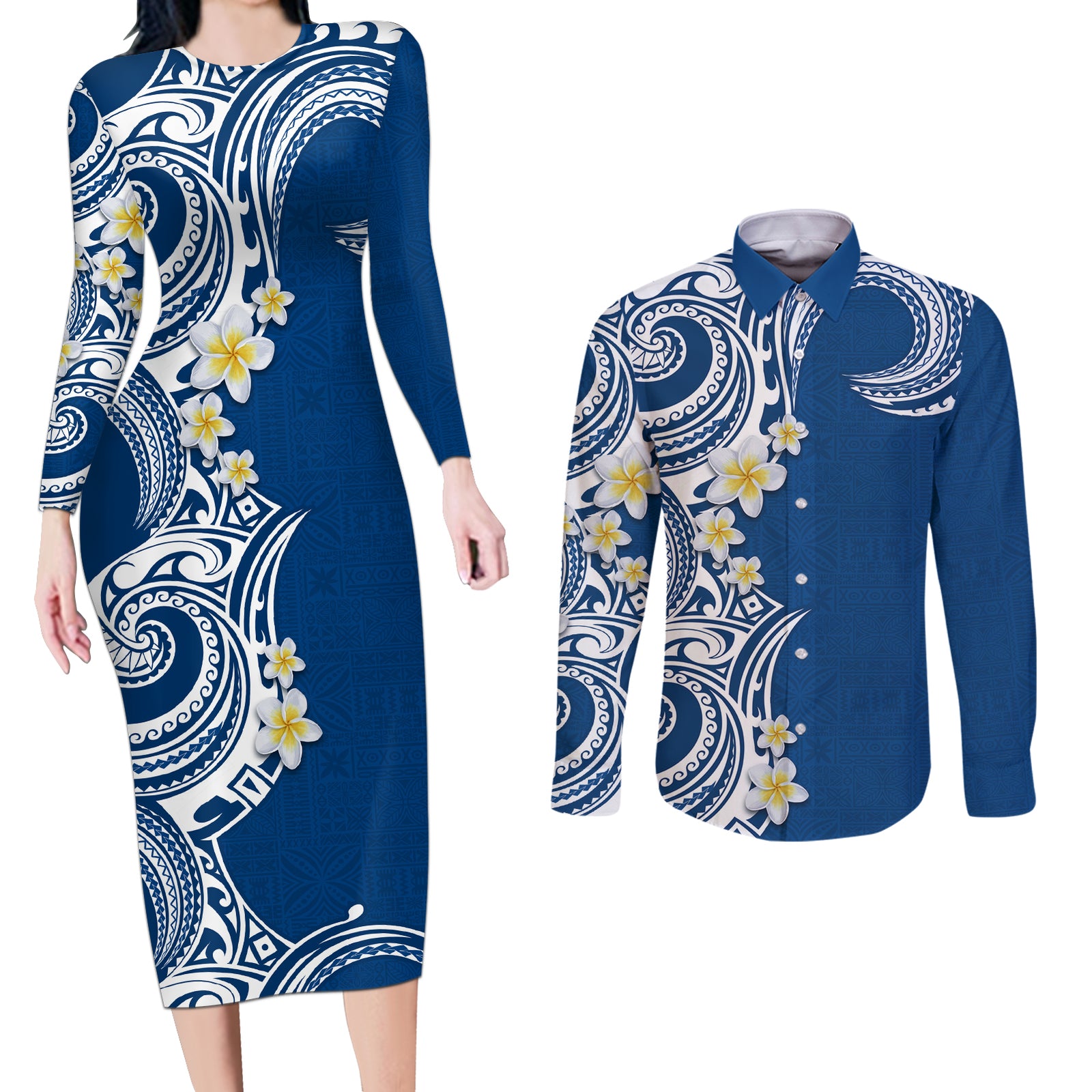 Aloha Polynesian Plumeria Flower Couples Matching Long Sleeve Bodycon Dress and Long Sleeve Button Shirt Blue Color LT03 Blue - Polynesian Pride