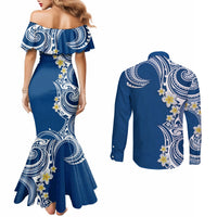 Aloha Polynesian Plumeria Flower Couples Matching Mermaid Dress and Long Sleeve Button Shirt Blue Color