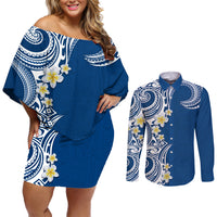 Aloha Polynesian Plumeria Flower Couples Matching Off Shoulder Short Dress and Long Sleeve Button Shirt Blue Color