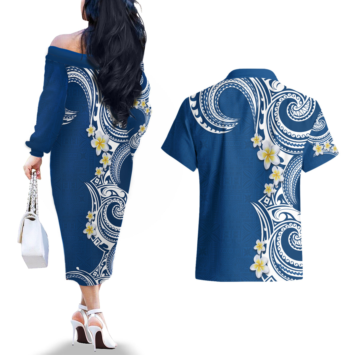 Aloha Polynesian Plumeria Flower Couples Matching Off The Shoulder Long Sleeve Dress and Hawaiian Shirt Blue Color