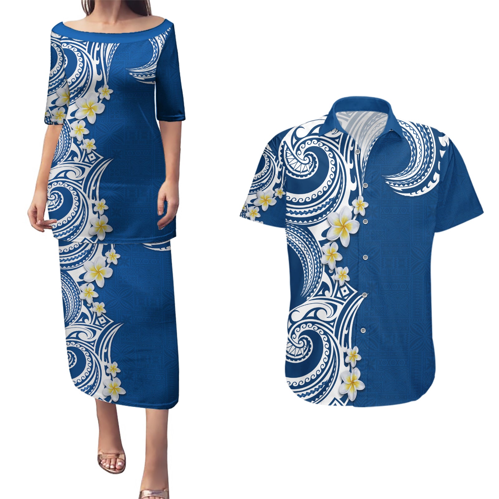 Aloha Polynesian Plumeria Flower Couples Matching Puletasi and Hawaiian Shirt Blue Color