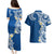 Aloha Polynesian Plumeria Flower Couples Matching Puletasi and Hawaiian Shirt Blue Color