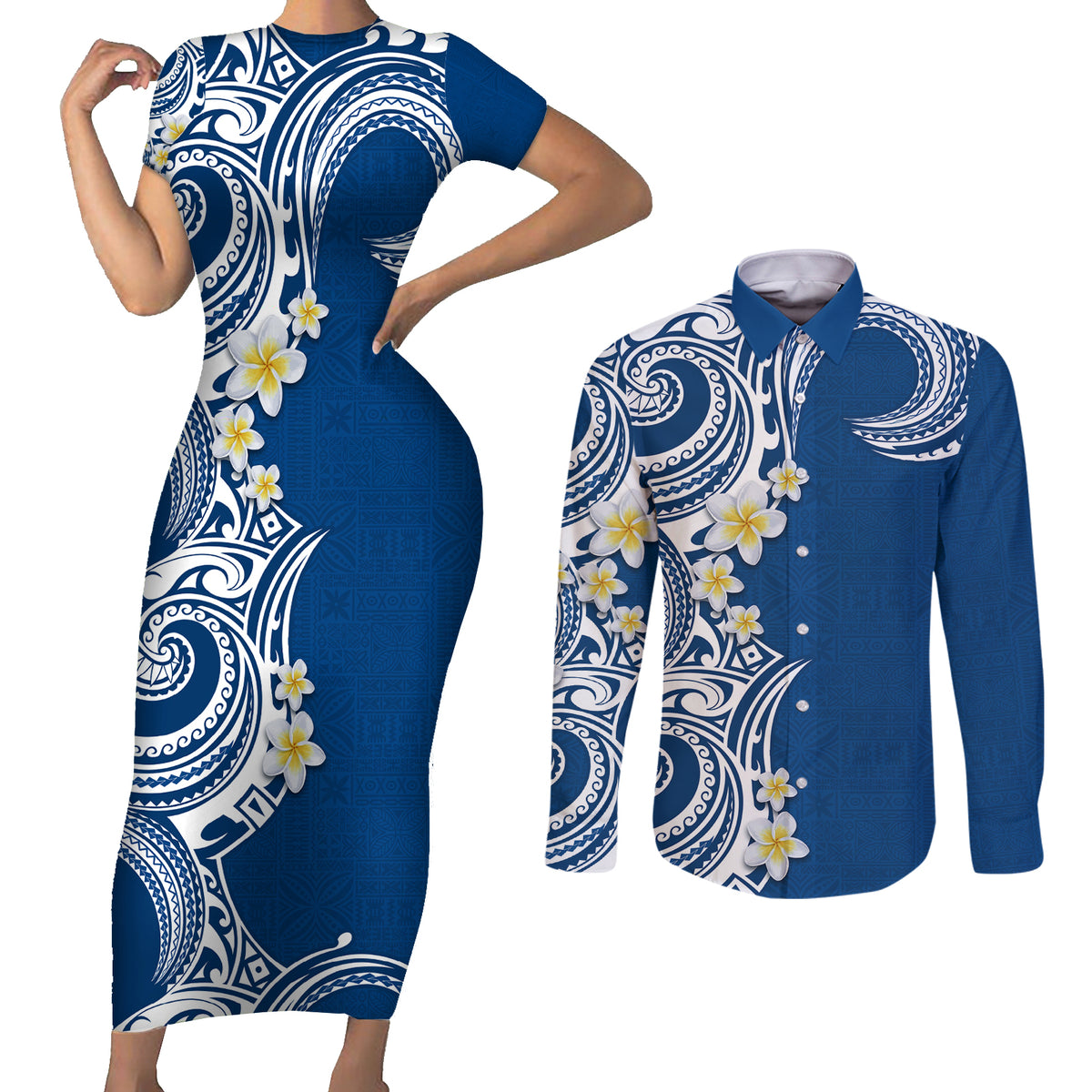 Aloha Polynesian Plumeria Flower Couples Matching Short Sleeve Bodycon Dress and Long Sleeve Button Shirt Blue Color