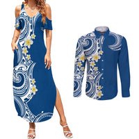 Aloha Polynesian Plumeria Flower Couples Matching Summer Maxi Dress and Long Sleeve Button Shirt Blue Color