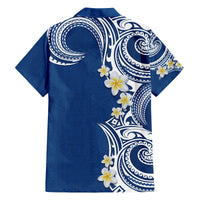 Aloha Polynesian Plumeria Flower Family Matching Long Sleeve Bodycon Dress and Hawaiian Shirt Blue Color
