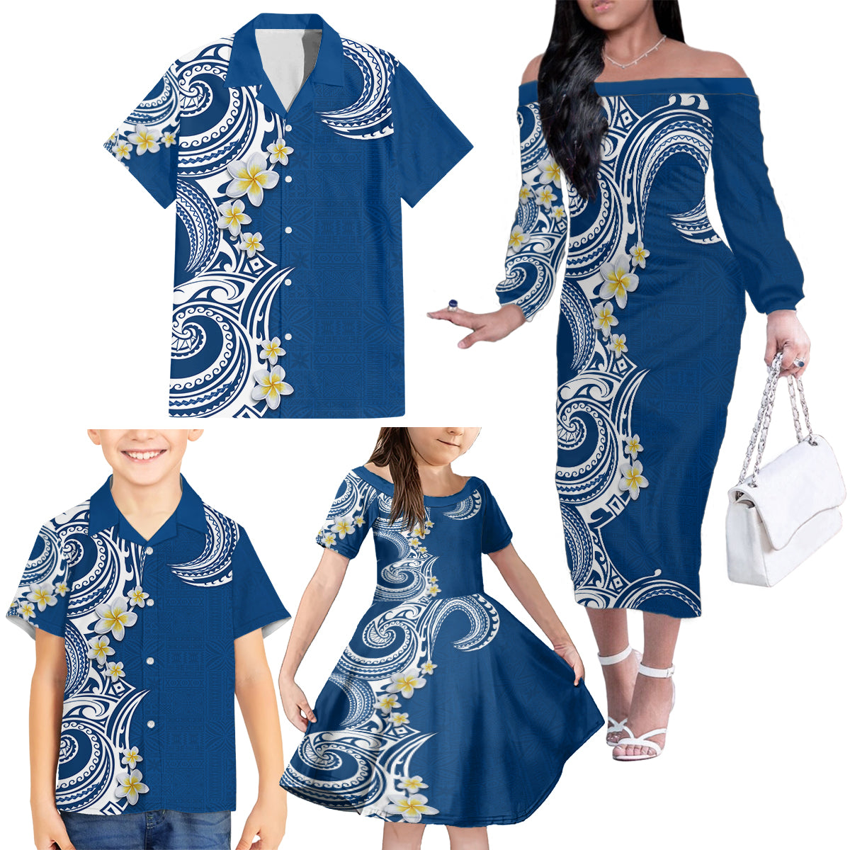 Aloha Polynesian Plumeria Flower Family Matching Off The Shoulder Long Sleeve Dress and Hawaiian Shirt Blue Color LT03 - Polynesian Pride