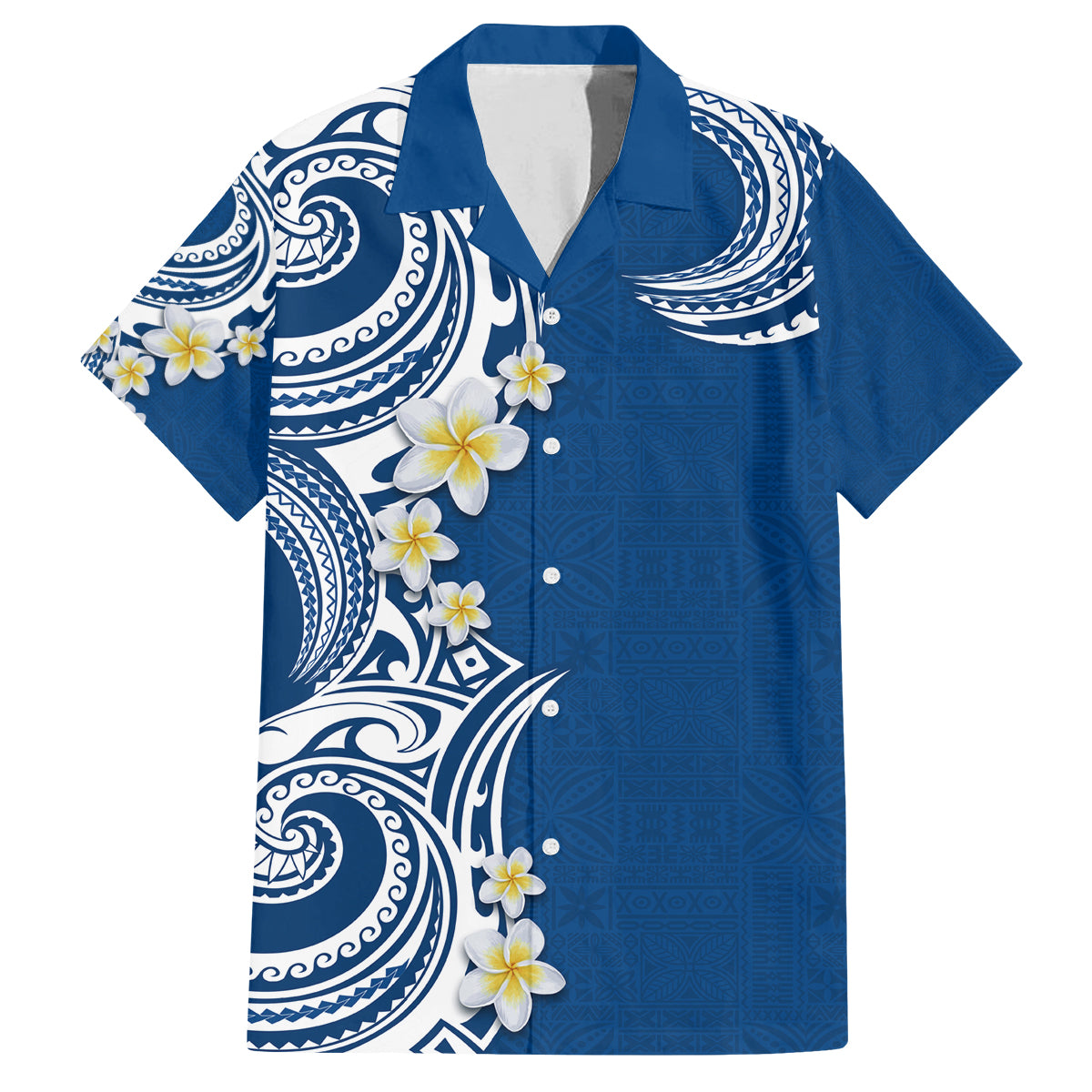 Aloha Polynesian Plumeria Flower Family Matching Off The Shoulder Long Sleeve Dress and Hawaiian Shirt Blue Color LT03 Dad's Shirt - Short Sleeve Blue - Polynesian Pride