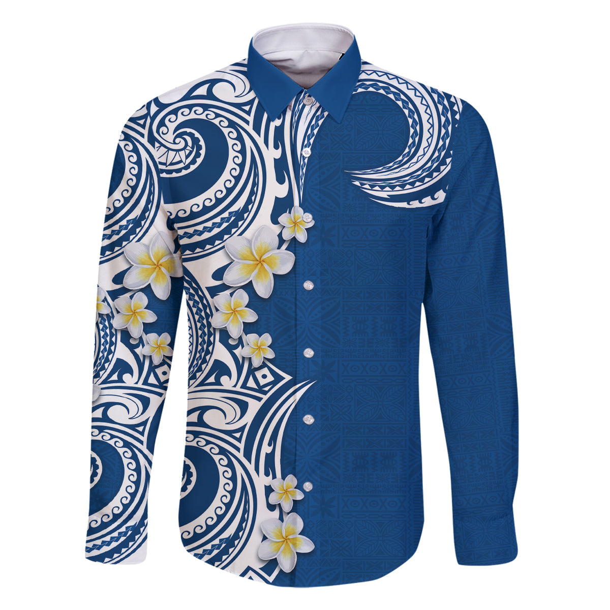 Aloha Polynesian Plumeria Flower Family Matching Off The Shoulder Long Sleeve Dress and Hawaiian Shirt Blue Color LT03 Dad's Shirt - Long Sleeve Blue - Polynesian Pride