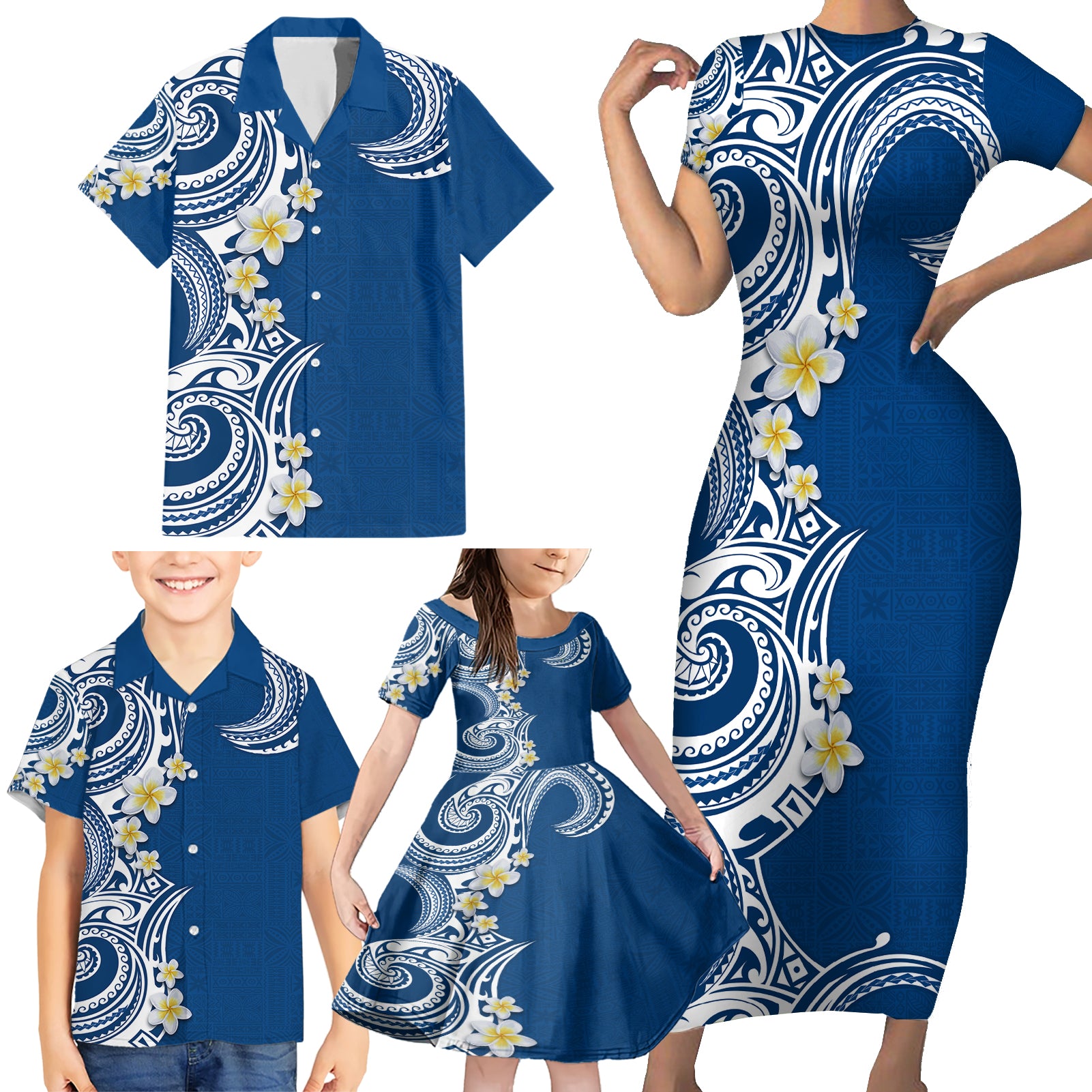 Aloha Polynesian Plumeria Flower Family Matching Short Sleeve Bodycon Dress and Hawaiian Shirt Blue Color