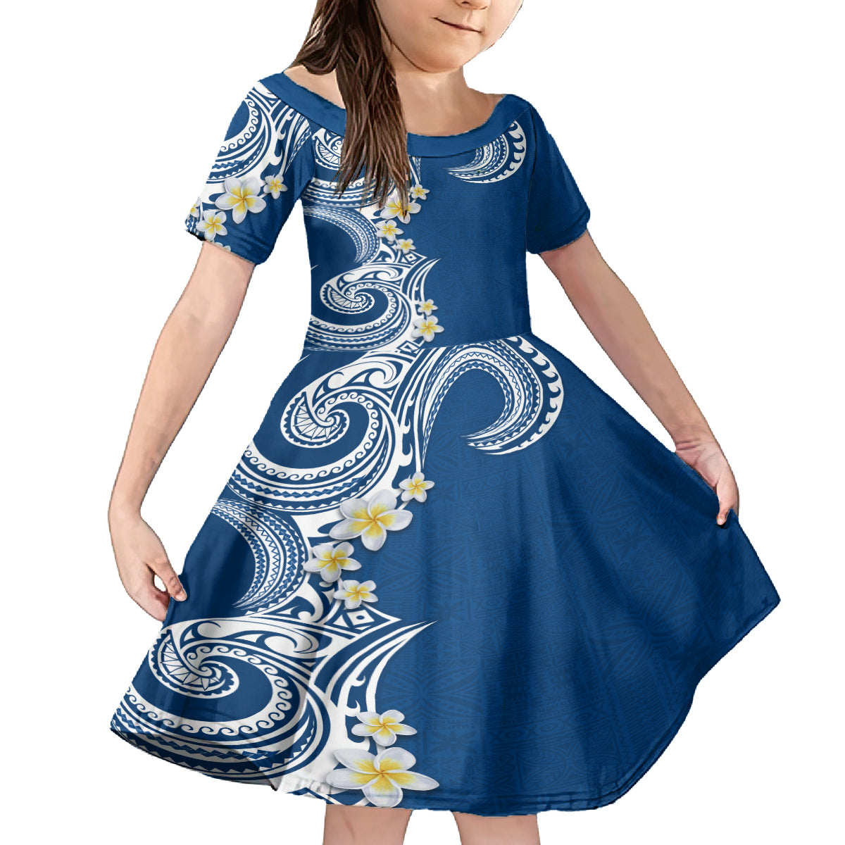 Aloha Polynesian Plumeria Flower Family Matching Summer Maxi Dress and Hawaiian Shirt Blue Color LT03 Daughter's Dress Blue - Polynesian Pride