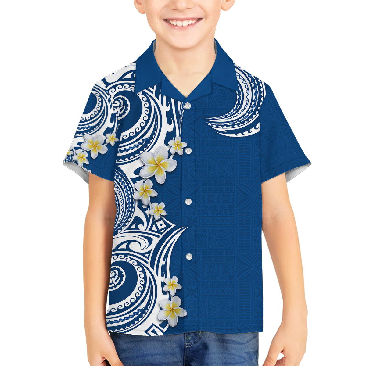 Aloha Polynesian Plumeria Flower Family Matching Summer Maxi Dress and Hawaiian Shirt Blue Color LT03 Son's Shirt Blue - Polynesian Pride
