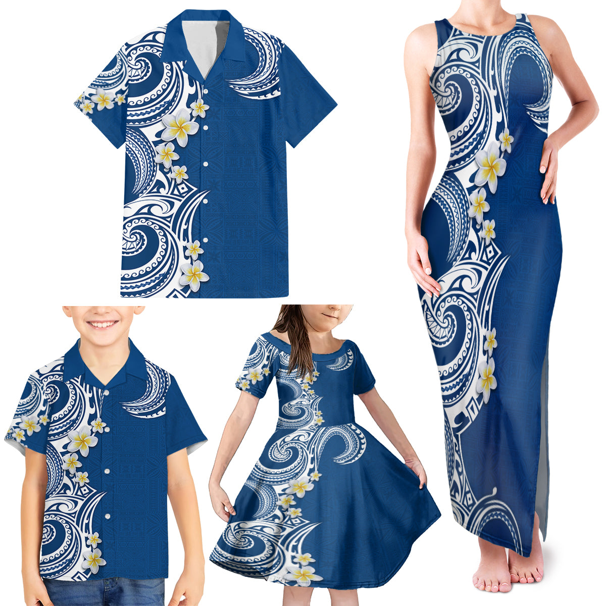 Aloha Polynesian Plumeria Flower Family Matching Tank Maxi Dress and Hawaiian Shirt Blue Color