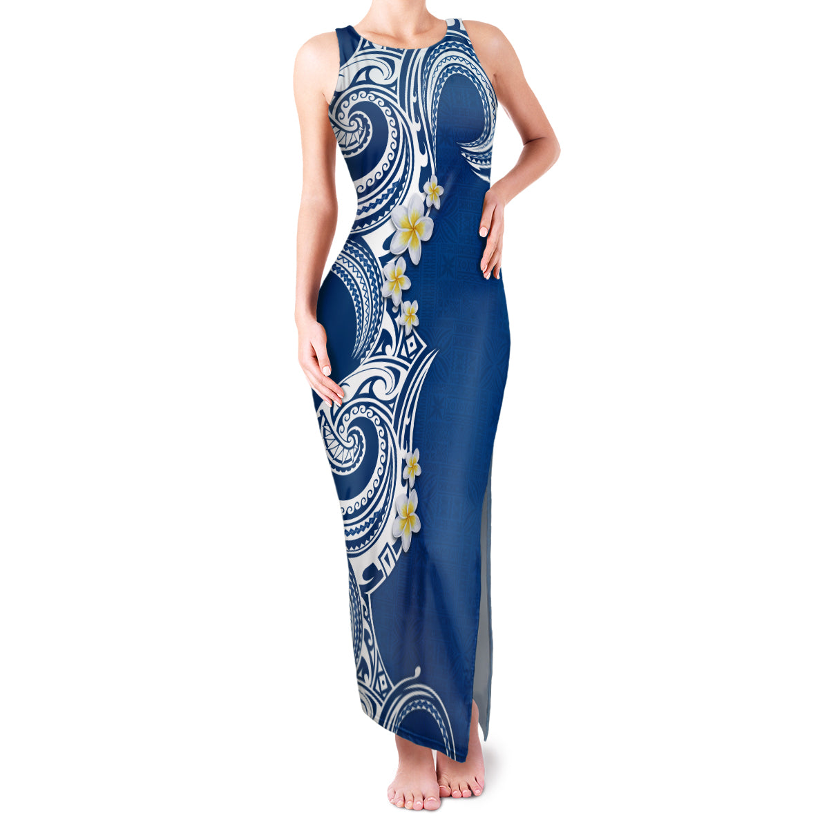 Aloha Polynesian Plumeria Flower Family Matching Tank Maxi Dress and Hawaiian Shirt Blue Color