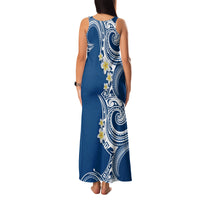 Aloha Polynesian Plumeria Flower Family Matching Tank Maxi Dress and Hawaiian Shirt Blue Color