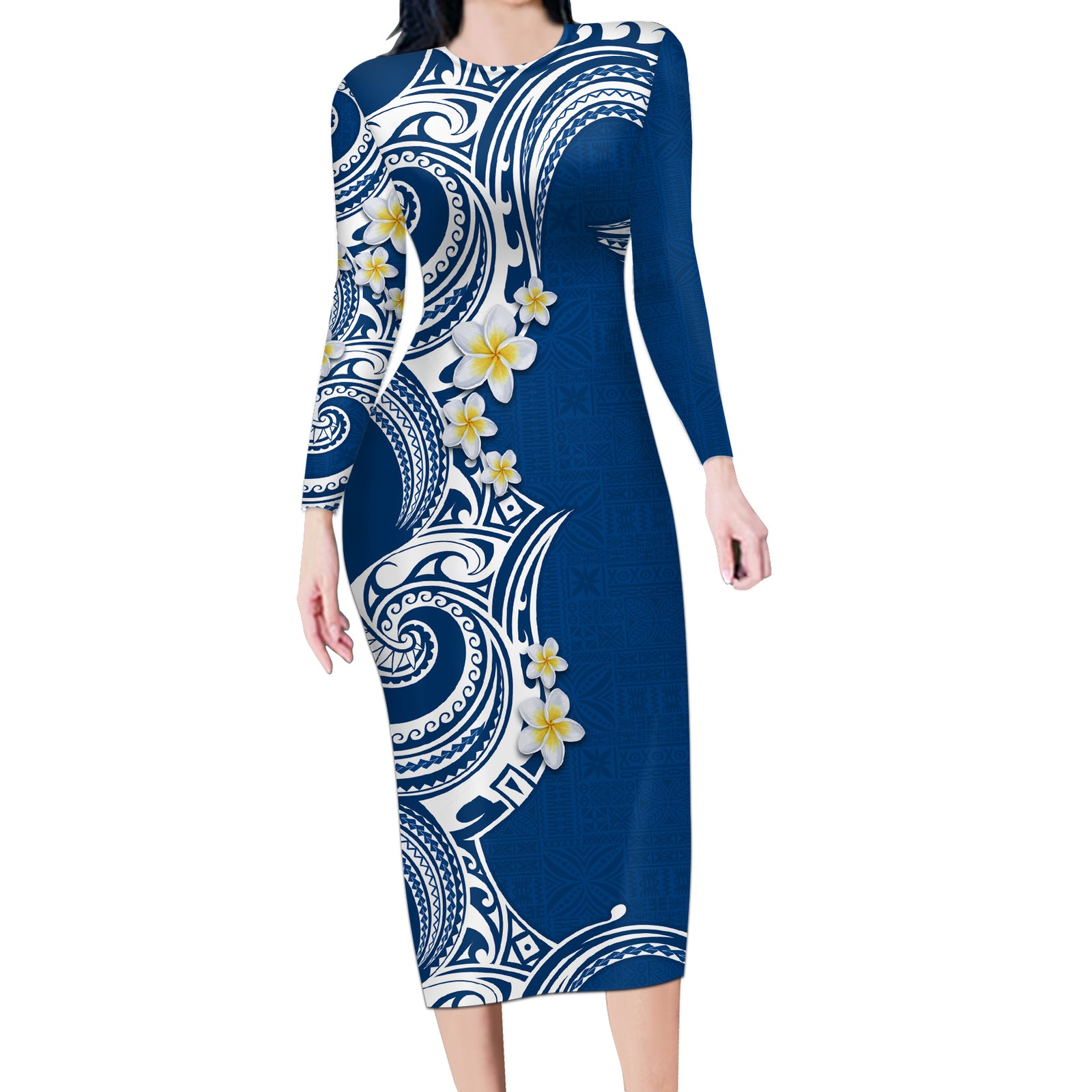 Aloha Polynesian Plumeria Flower Long Sleeve Bodycon Dress Blue Color LT03 Long Dress Blue - Polynesian Pride