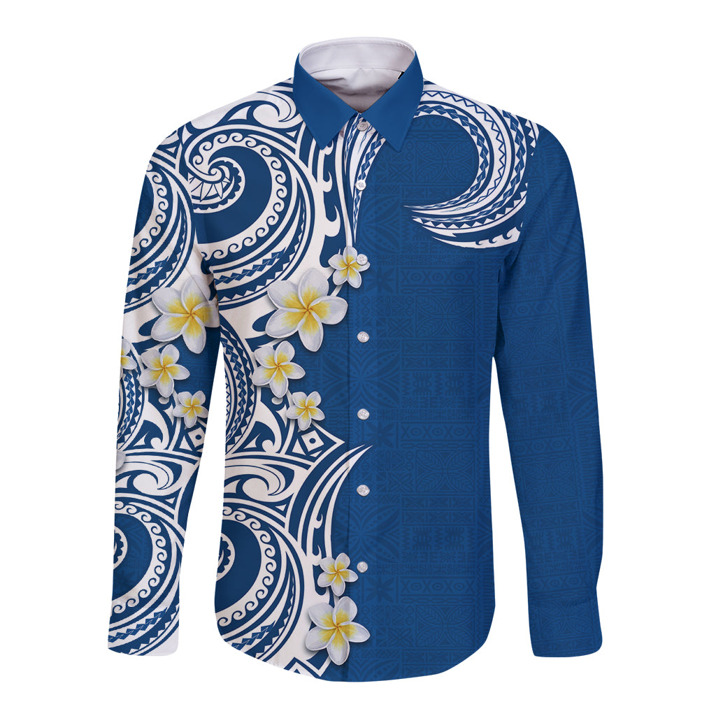 Aloha Polynesian Plumeria Flower Long Sleeve Button Shirt Blue Color