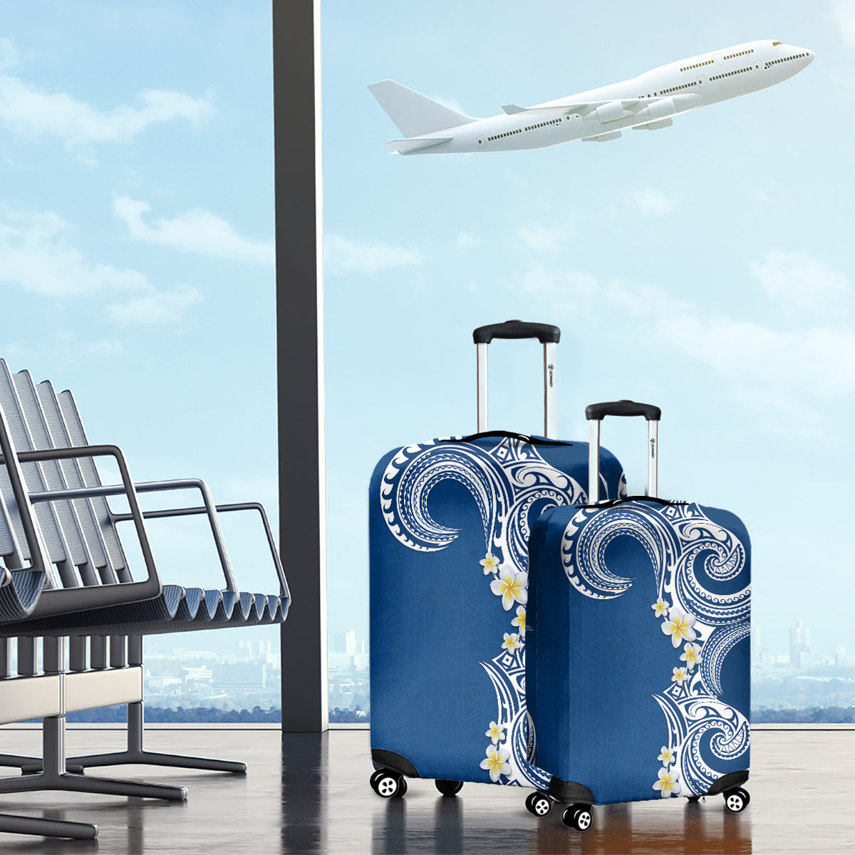 Aloha Polynesian Plumeria Flower Luggage Cover Blue Color