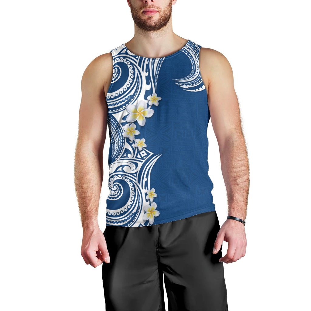 Aloha Polynesian Plumeria Flower Men Tank Top Blue Color