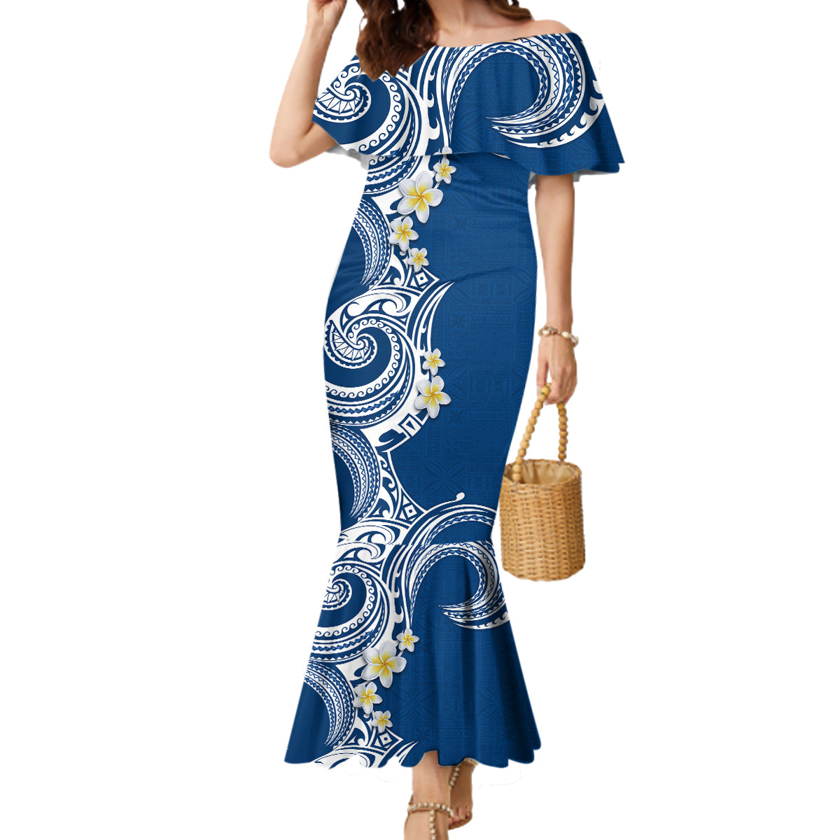 Aloha Polynesian Plumeria Flower Mermaid Dress Blue Color