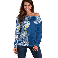 Aloha Polynesian Plumeria Flower Off Shoulder Sweater Blue Color